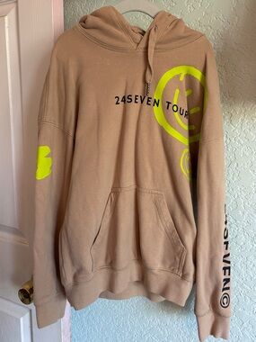 24SEVEN merch Tan Hoodie with Neon Yellow Graphic Accents